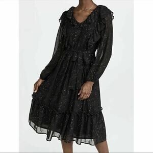 by The River Womens Medium Long Sleeve Chiffon Midi Lined Dress Gold Stars